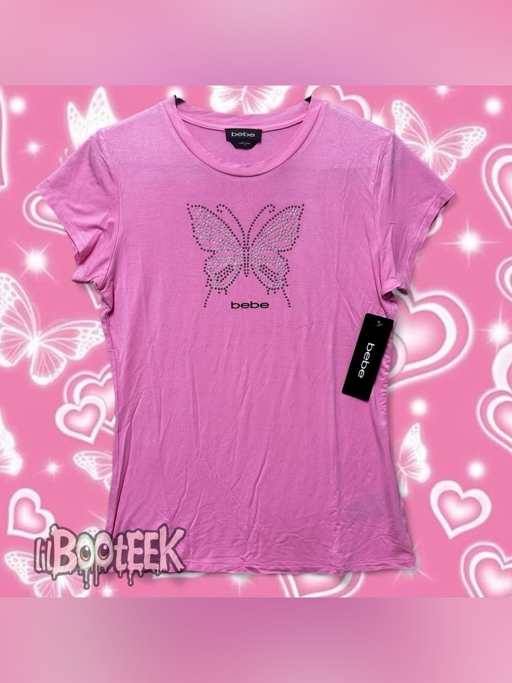 Bebe Ladies MD Bubblegum Pink Baby Tee w Rhinestone Butterfly Logo NWT Y2K